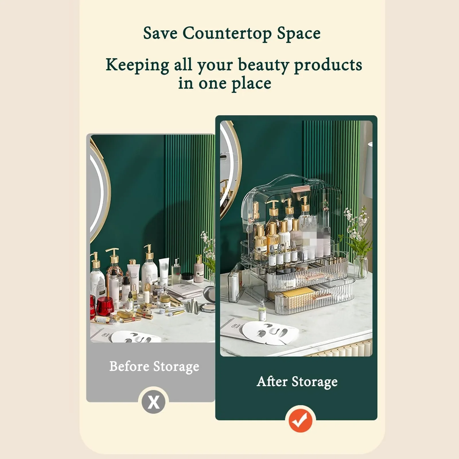 Cosmetics Storage Box With Lid and Handle Large Makeup Organizer Box Drawers for Skincare Display Cases Countertop, Bathroom