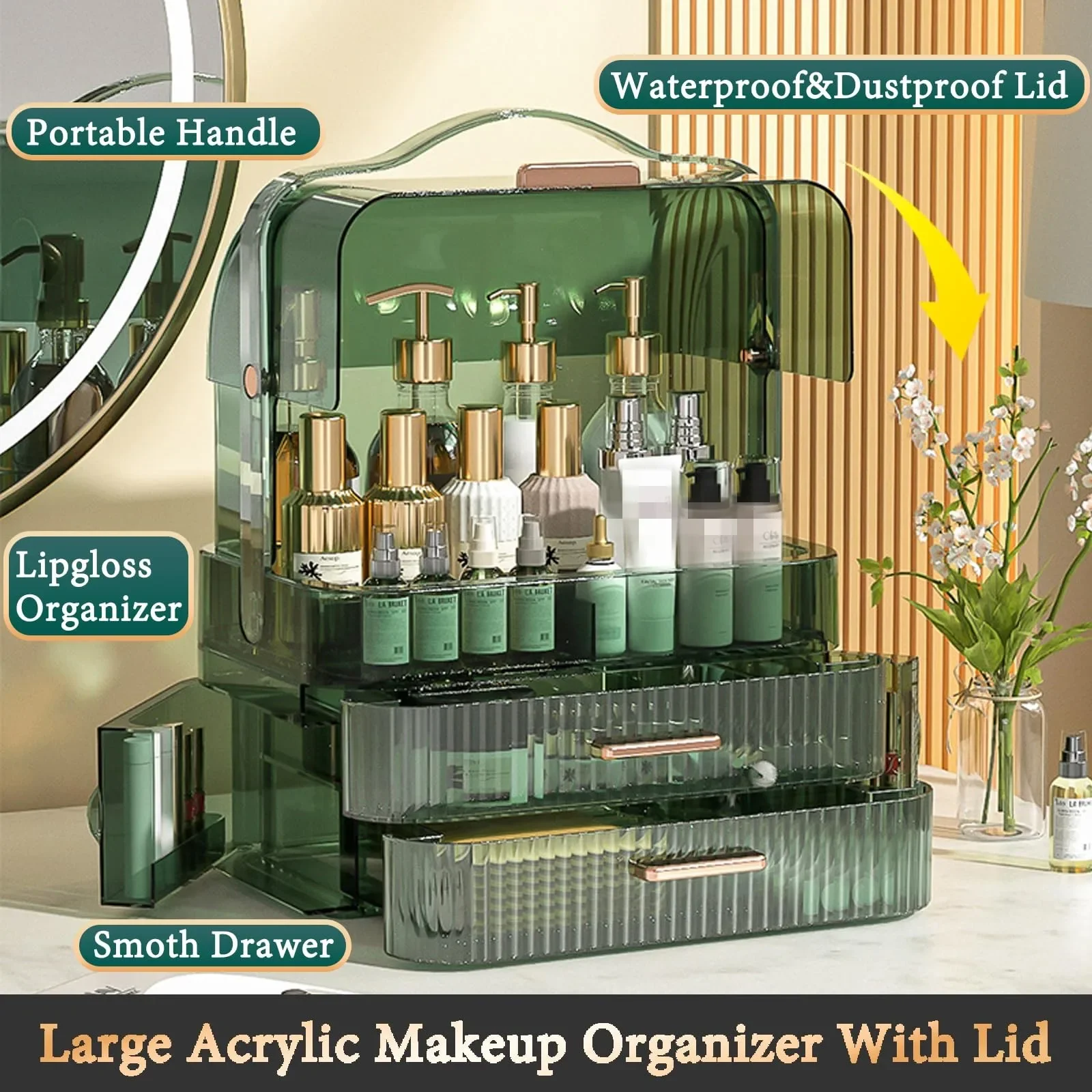 Cosmetics Storage Box With Lid and Handle Large Makeup Organizer Box Drawers for Skincare Display Cases Countertop, Bathroom